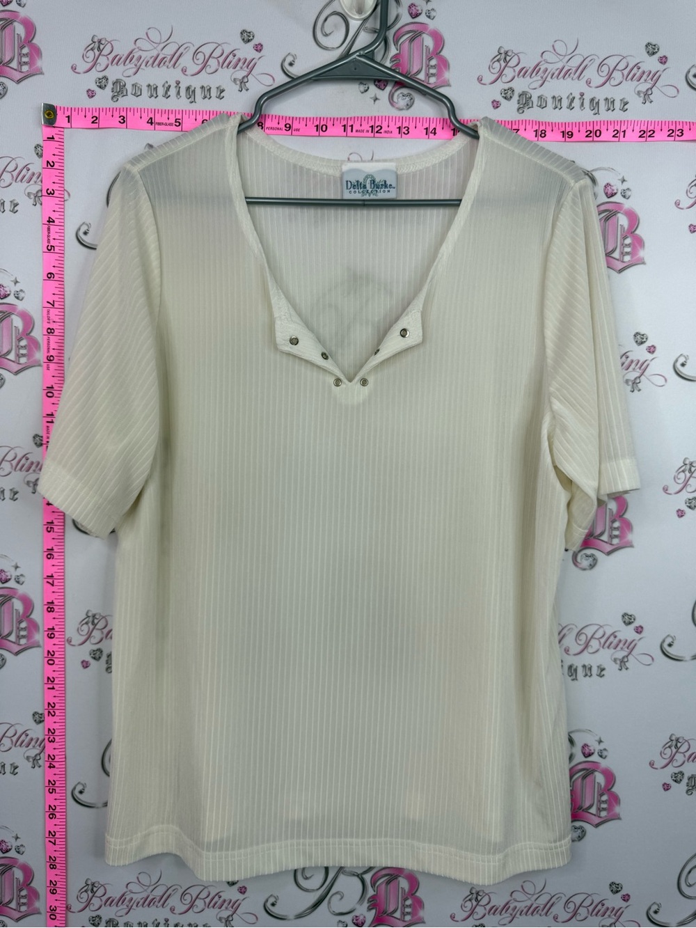 Delta Burke Canada Cream Short-Sleeve V-Neck Top with Grommet Detail